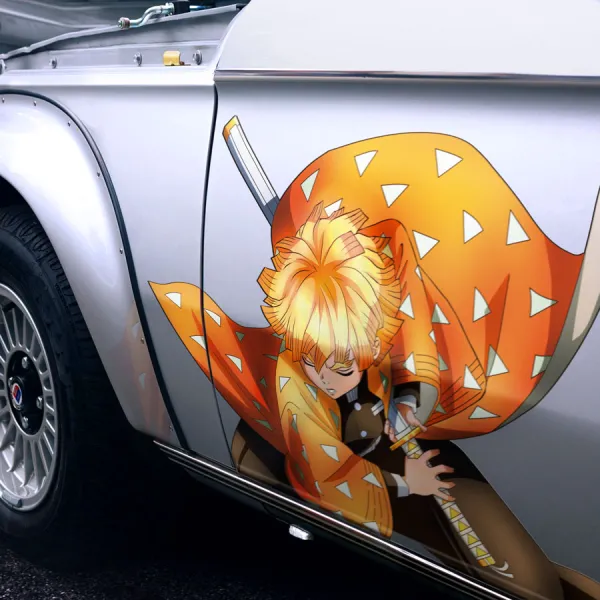 2x Pair Side Zenitsu Agatsuma v2 Thunder Breathing Demon Corps Tanjiro Kamado Nezuko Orange Haori Blade Katana Anime Manga Printed Car Vinyl Sticker Decal>