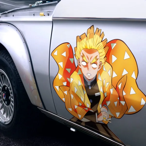 2x Pair Side Zenitsu Agatsuma v1 Thunder Breathing Demon Corps Tanjiro Kamado Nezuko Orange Haori Blade Katana Anime Manga Printed Car Vinyl Sticker Decal>