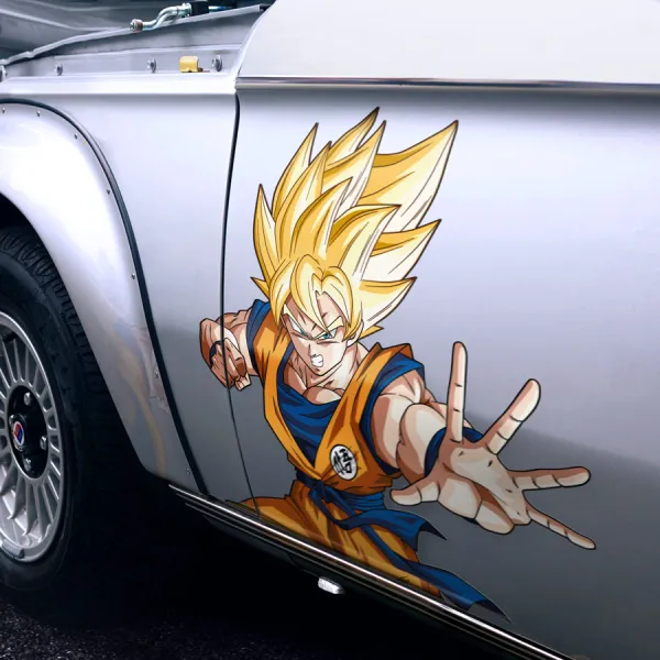 2x Pair Side Son Goku v1 Super Saiyan Awakening Yellow SSJ SSJ1 Ki Kakarot Aura Universe 7 Kamehameha Z Super DBZ Kai Anime Manga Printed Car Vinyl Sticker Decal>