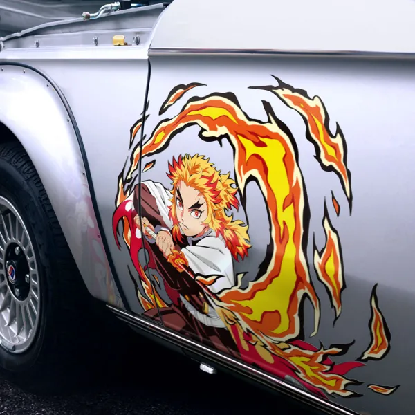 2x Pair Side Kyojuro Rengoku v2 Flame Hashira Breathing Demon Corps Bug Eyes Blade Katana Weeb Otaku Anime Manga Printed Car Vinyl Sticker Decal>