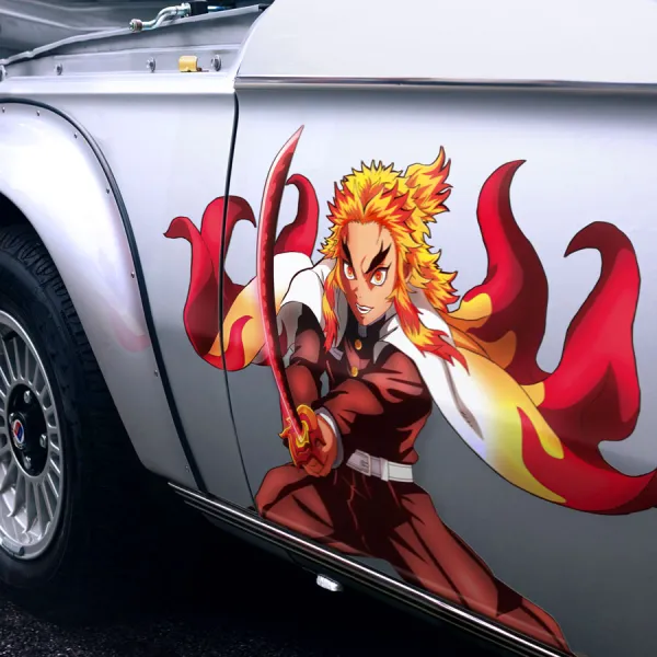 2x Pair Side Kyojuro Rengoku v1 Flame Hashira Breathing Demon Corps Bug Eyes Blade Katana Weeb Otaku Anime Manga Printed Car Vinyl Sticker Decal>