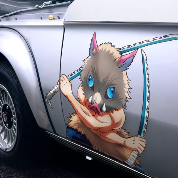 2x Pair Side Inosuke Hashibira v2 Boar's Head Mask Beast Breathing Demon Corps Tanjiro Kamado Nezuko Blades Katanas Anime Manga Printed Car Vinyl Sticker Decal>