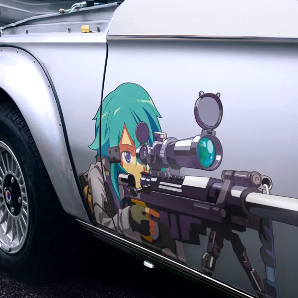 2x Pair Side Sinon Asada Shino Sniper Rifle Hecate 2 Gun Gale ALfheim Game Bullet Cait Sith Anime Manga Printed Vinyl Sticker Decal>