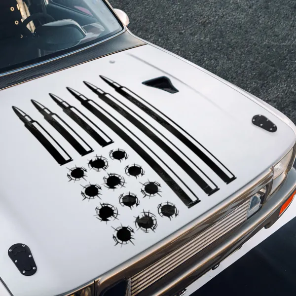 Guns Bullets Shot Hood USA Flag Stars and Stripes Freedom Liberty American Pride Patriotic US Army Air Force Navy Marines Military Graphic Car Vinyl Sticker Decal>