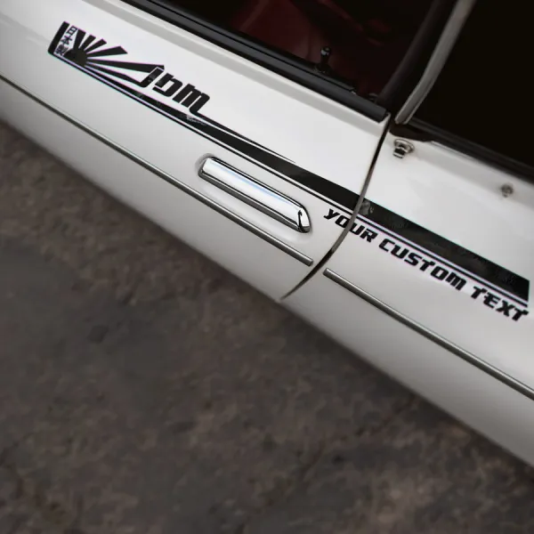 2x CUSTOM TEXT JDM Side Stripes Rising Sun Sunburst Japan Made Nippon Street Drag Night Run Racing Drift Circuit Outlaw Tuning Track Warrior Car Vinyl Sticker Decal>