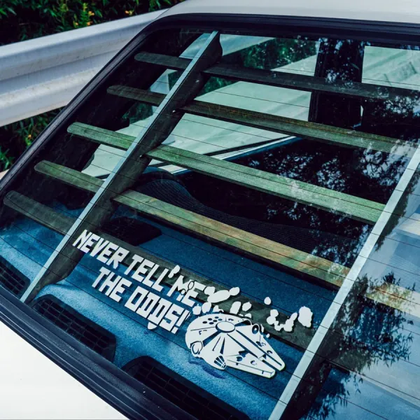 2x Pair Millennium Falcon Never Tell Me Odds Galaxy YT-1300 Light Freighter Kessel Run Han Solo Chewbacca Rebel Alliance Starship Car Vinyl Sticker Decal>