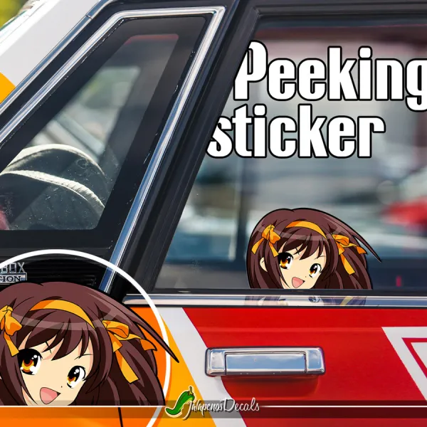Peeking Suzumiya Haruhi The Melancholy of Haruhi Suzumiya Sexy Hot Girl Funny JDM Racing Low Stance Anime Manga Car Vinyl Sticker Decal>