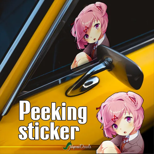 Peeking Natsuki v1 Literature Club Poems Pink Otaku Cute Girl Anime Manga Car Vinyl Sticker Decal>