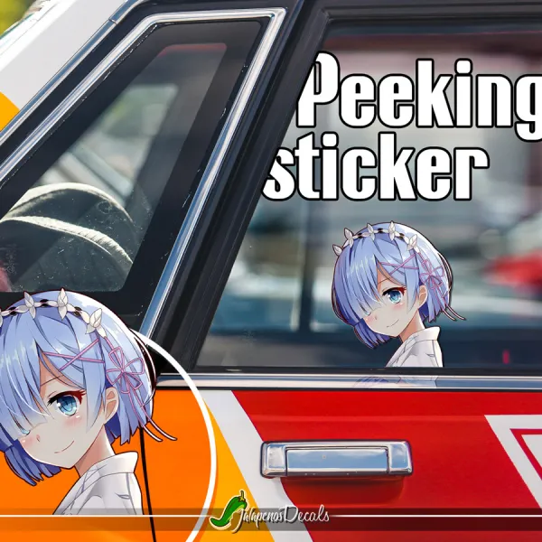 Peeking Rem v1 Blue Twin Maid Roswaal Mathers Water Magic Lye Oni Girl Anime Manga Car Vinyl Sticker Decal>