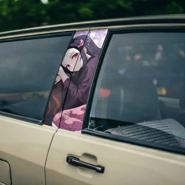 Nezuko Kamado v3 Bamboo Stick Angry Cute Demon Anime Manga Printed Car Door B Pillar Vinyl Wrap Sticker>