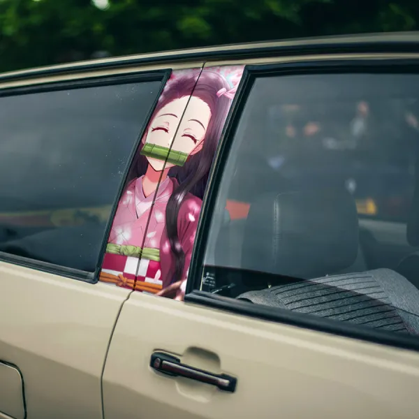 Nezuko Kamado v4 Bamboo Stick Angry Cute Demon Anime Manga Printed Car Door B Pillar Vinyl Wrap Sticker>