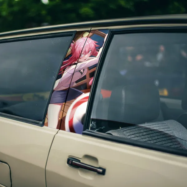 Yuno Gasai v2 Second Survival Game Knife Yukiteru Amano Deus Ex Machina Muru Love Senpai Insane Yandere Pink Waifu Girl Anime Printed Car Door B Pillar Vinyl Wrap Sticker>