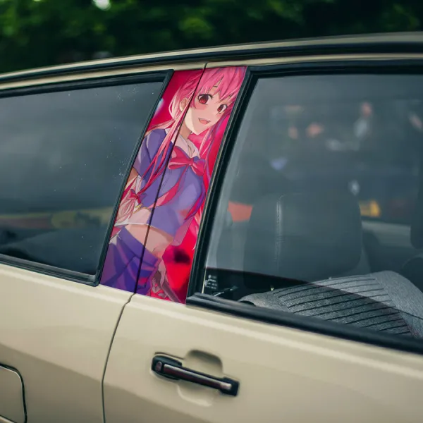 Yuno Gasai v1 Second Survival Game Knife Yukiteru Amano Deus Ex Machina Muru Love Senpai Insane Yandere Pink Waifu Girl Anime Printed Car Door B Pillar Vinyl Wrap Sticker>
