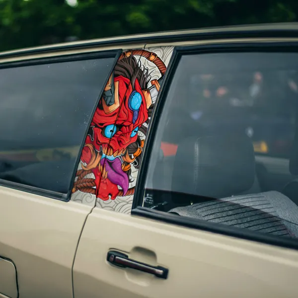 Oni Red Demon Mask JDM Nippon Japanese Risiing Sun Stance Show Event Race Otaku Printed Car Door B Pillar Vinyl Wrap Sticker>