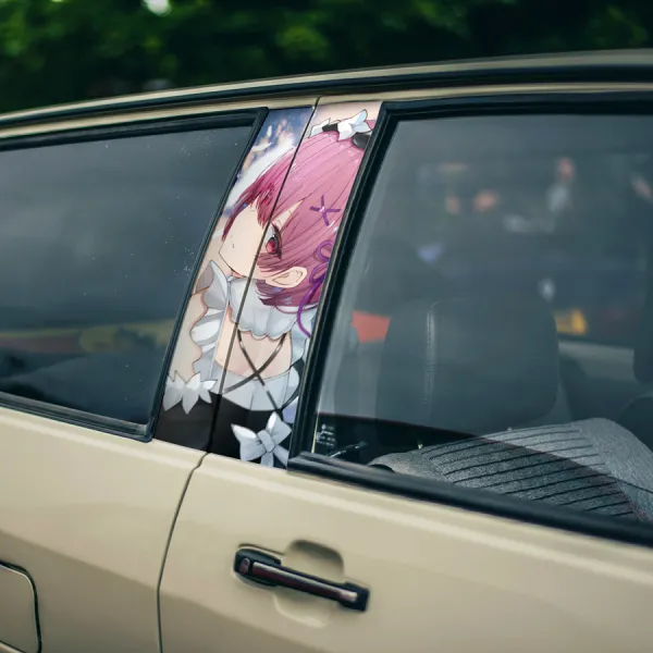 Ram v1 Pink Twin Sister Maid Emilia Camp Roswaal Mathers Wind Magic Lye Oni Girl Kingdom Lugunica Waifu Girl Anime Printed Car Door B Pillar Vinyl Wrap Sticker>