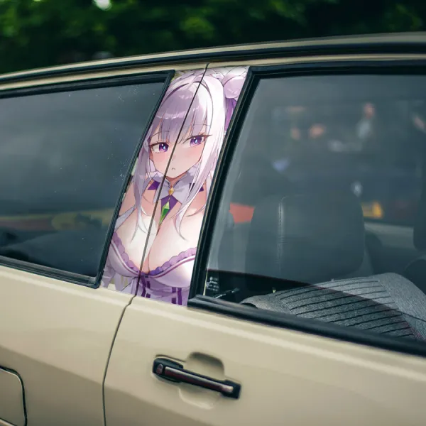 Emilia v2 Witch Frost Half Elf Devil Satella Emily Dragon Kingdom Lugunica Puck Spirit Silver Waifu Girl Anime Printed Car Door B Pillar Vinyl Wrap Sticker>