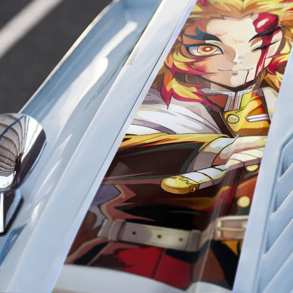Kyojuro Rengoku Flame Hashira Breathing Demon Corps Bug Eyes Blade Katana Weeb Otaku Anime Manga Car Printed Hood Stripe Vinyl Sticker Decal>