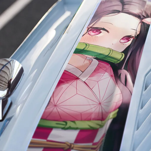 Nezuko Kamado Awakened Form Bamboo Stick Gag Kimono Senpai Angry Cute Demon Weeb Otaku Anime Manga Car Printed Hood Stripe Vinyl Sticker Decal>