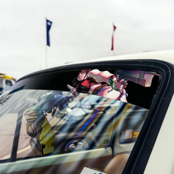 60" Revy v5 Rebecca Lee Two Hand Guns Beretta Sexy Guns Anime Girl Manga Smoke Sun Strip Printed Windshield Car Vinyl Sticker Decal>
