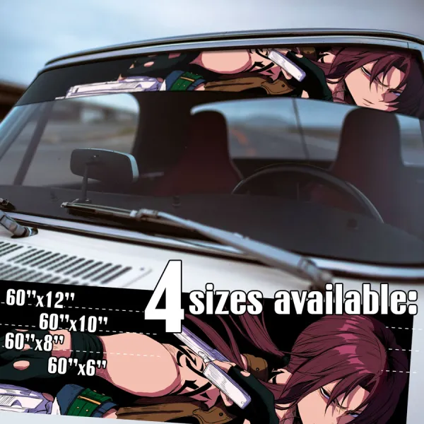 60" Revy v18 Rebecca Lee Two Hands Guns Modified Beretta 92F Rock Dutch Tatoo Girl Waifu Girl  Anime Manga Strip Printed Windshield Car Vinyl Sticker Decal>