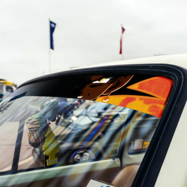 60" Black Son Goku v2 Kakarot Super Saiyan Potara Earrings Universe 7 Capsule Corp Z DBZ Manga Anime Sun Strip Printed Windshield Car Vinyl Sticker Decal>