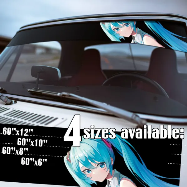 60" Miku 01 v2 Vocaloid Virtual Idol Singer Weeb Otaku Waifu Anime Manga Sun Strip Printed Windshield Car Vinyl Sticker Decal>