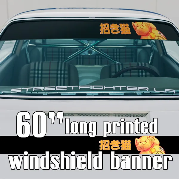 60" Maneki-neko v2 Lucky Cat Waving Beckoning  JDM Japanese Style Stance Sun Strip Printed Windshield Car Vinyl Sticker Decal>