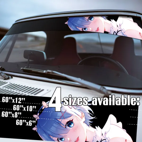 60" Rem v3 Blue Twin Maid Emilia Camp Roswaal Mathers Water Magic Lye Oni Girl Kingdom Lugunica Waifu Girl Anime Manga Strip Printed Windshield Car Vinyl Sticker Decal>