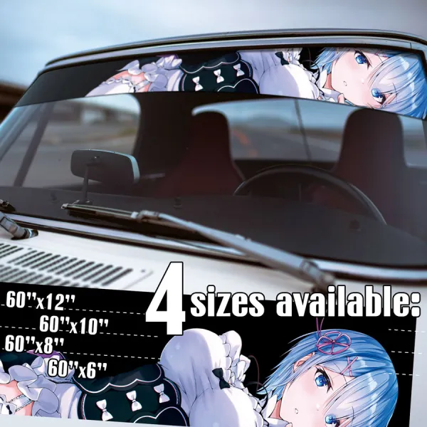 60" Rem v5 Blue Twin Maid Emilia Camp Roswaal Mathers Water Magic Lye Oni Girl Kingdom Lugunica Waifu Girl Anime Manga Strip Printed Windshield Car Vinyl Sticker Decal>