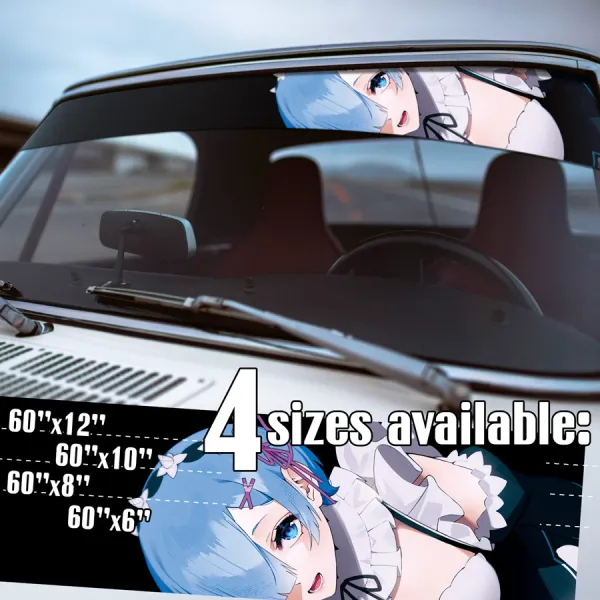 60" Rem v4 Blue Twin Maid Emilia Camp Roswaal Mathers Water Magic Lye Oni Girl Kingdom Lugunica Waifu Girl Anime Manga Strip Printed Windshield Car Vinyl Sticker Decal>
