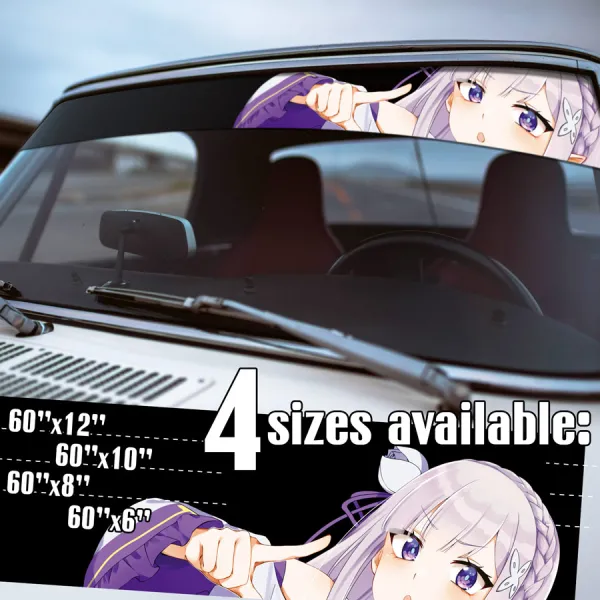 60" Emilia v2 Witch Frost Half Elf Devil Satella Emily Dragon Kingdom Lugunica Puck Spirit Silver Waifu Girl Anime Manga Strip Printed Windshield Car Vinyl Sticker Decal>