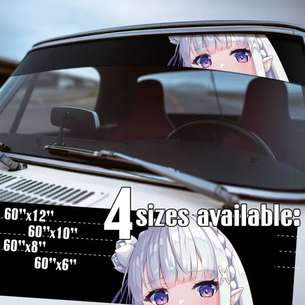 60" Emilia v1 Witch Frost Half Elf Devil Satella Emily Dragon Kingdom Lugunica Puck Spirit Silver Waifu Girl Anime Manga Strip Printed Windshield Car Vinyl Sticker Decal>