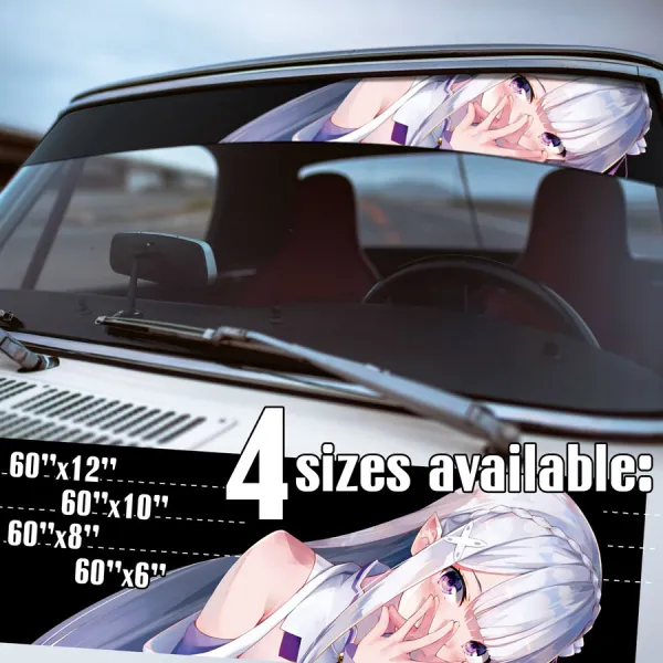 60" Emilia v4 Witch Frost Half Elf Devil Satella Emily Dragon Kingdom Lugunica Puck Spirit Silver Waifu Girl Anime Manga Strip Printed Windshield Car Vinyl Sticker Decal>
