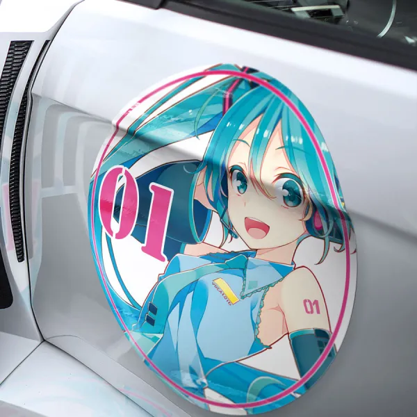 2x Pair Miku 01 Vocaloid Virtual Idol Singer Diva Cyan Twin-Tail Hologram Pop Star Weeb Otaku Waifu Anime Girl Manga Meatball Car Door Circle Printed Vinyl Sticker Decal>