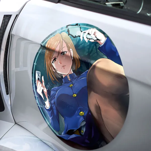 2x Pair Nobara Kugisaki v2 Sorcerer Hammer Nails Straw Doll Sexy Hot Boobs Waifu Anime Manga Meatball Rondels Door Circle Printed Vinyl Sticker Decal>