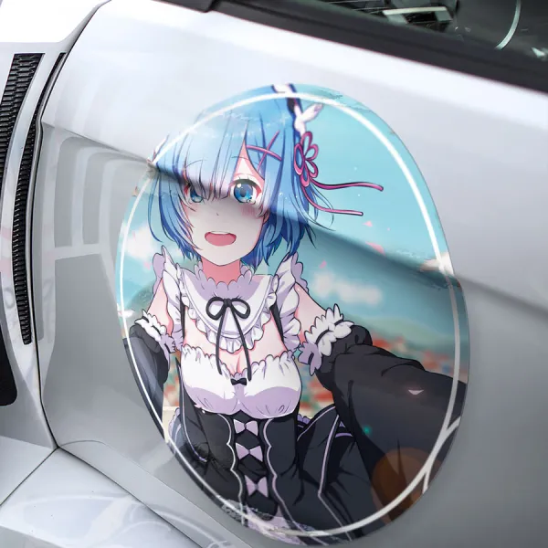 2x Pair Rem Blue Twin Maid Emilia Camp Roswaal Mathers Water Magic Lye Oni Girl Lugunica Waifu Isekai Meatball Car Door Circle Printed Vinyl Sticker Decal>