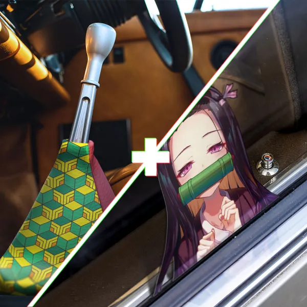 SPECIAL OFFER SET! Giyu Tomioka Eco Leather Printed Car Shift Boot and Peeking Nezuko Kamado Car Vinyl Sticker Decal>