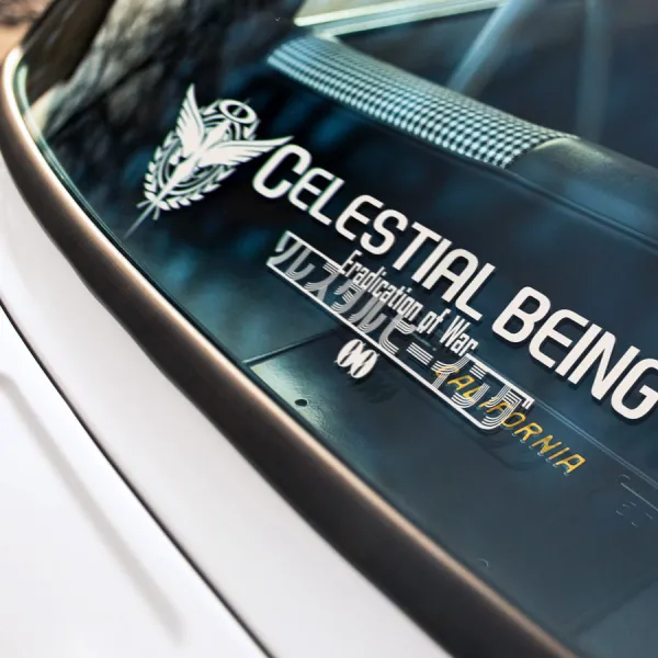 2x Pair Celestial Being Private Paramilitary Force Eradication of War Ptolemaios Team Trinity GN Observers Aeolia Schenberg Anime Manga Car Vinyl Sticker Decal>