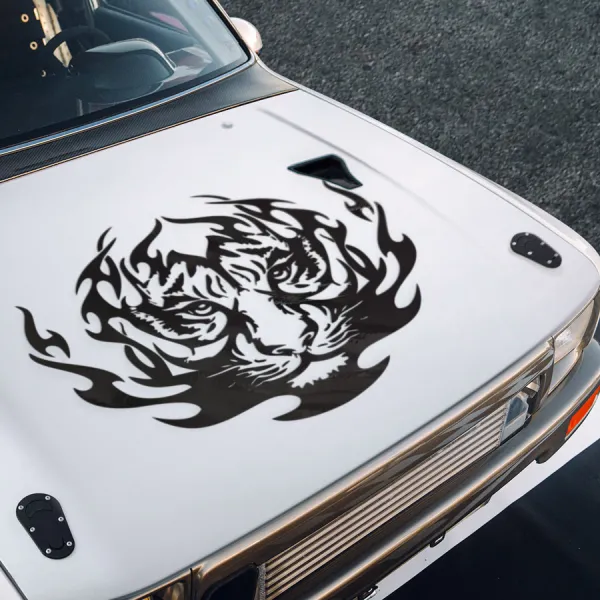 Tiger Hood Flame Tribal Graphics Fire Hot Rod Vintage Street Drag Racing Drift Circuit Track Warrior Muscle Car Vinyl Sticker Decal>